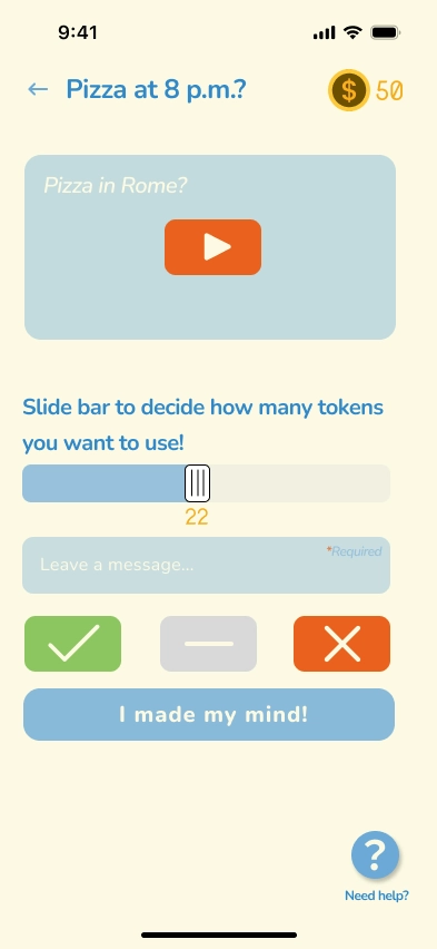 UI of app screen which shows the voting options and ability to use tokens